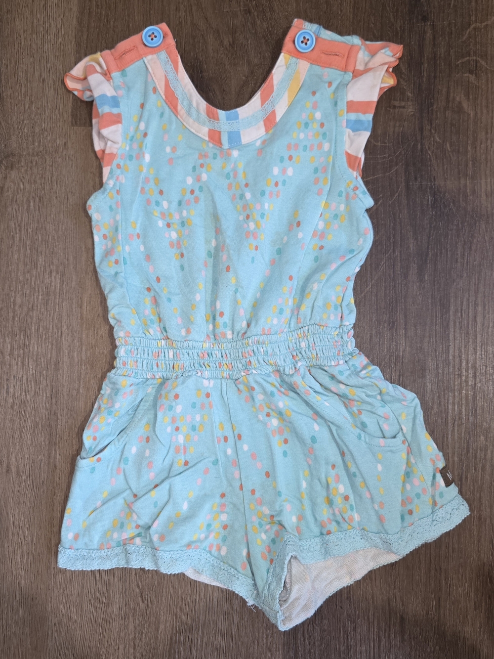 Matilda Jane Aqua Polka Dot Romper with Coral Trim